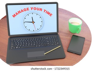 Manage Your Time Screensaver On A Laptop. 3D Illustration