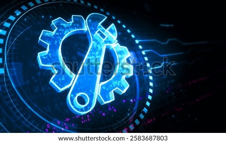 Management setting gear and maintenance fixing symbol digital concept. Network, cyber technology and computer background abstract 3d illustration.