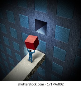 Management solutions closing the gap to a business challenge as a businessman lifting a cube to complete a wall with a group of organized objects as a project metaphor for leadership expertise.
