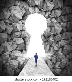 Management Solutions Concept As A Business Leadership Symbol With A Businessman Walking To A Glowing Key Hole Shape Opening As A Path To Success Through Confused Crushed And Crumpled Office Paper.