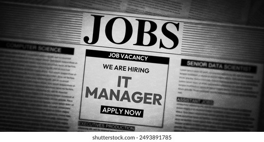 IT Manager job posting in a newspaper background design in black and white color. - Powered by Shutterstock