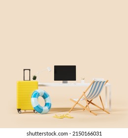 Manager Workplace With Pc Computer And Office Tools, Beach Accessories For Traveling. Concept Of Dreams And Remote Work. 3D Rendering