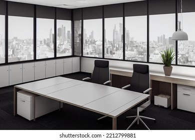 Manager's Desk Indoors. Light Desk And Chairs For Director In Office Room, Windows, No People 3d Illustration
