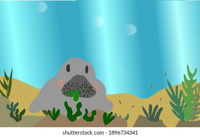 Manatee Eating Seaweed In The Ocean