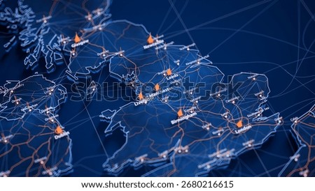 Manchester map big data visualization. Futuristic map infographic of city in England. Visual map data complexity in modern blue and orange colors. 3D Illustration