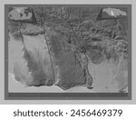 Manchester, parish of Jamaica. Grayscale elevation map with lakes and rivers. Locations of major cities of the region. Corner auxiliary location maps