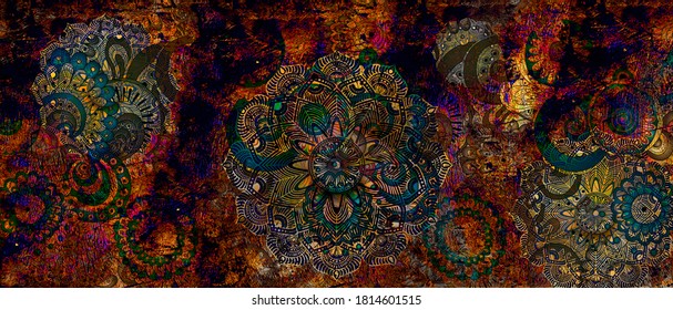 mandala colorful dark eyes vintage art, ancient Indian vedic background design, old painting texture with multiple mathematical shapes