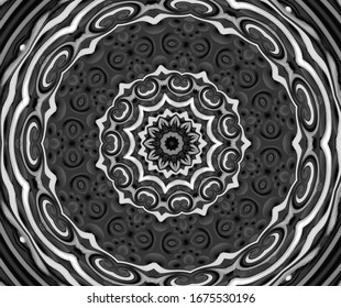 A mandala-type graphic pattern with predominate black color, monochromatic.