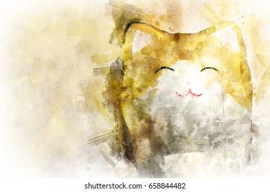 Maneki Neko, Japanese Well-wishing Porcelain Cat, Water Color Painting Filter