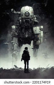 Manga Style Science Fiction Poster Of A Futuristic Machine And A Person Standing In Front, Digital Illustration