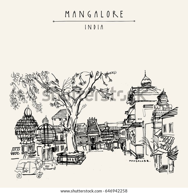 Mangalore, Karnataka, India.\
Temple square. Hindu temples and holiday cars. Rickshaw stand. big\
tree. Travel sketch. Vintage hand drawn postcard template.\
Vector