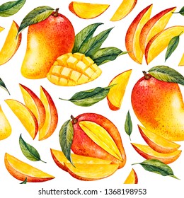 Mango. Botanical Watercolor Hand Drawn Illustration. Exotic Fruit.
Watercolor Mango. Seamless Pattern