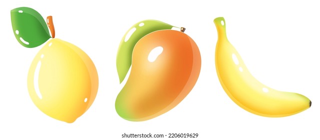 Mango, Lemon And Banana.  Gorgeous Shiny Fruit Icon Set. Isolated And Arrangeable For Print, Web, Apps, Media. 