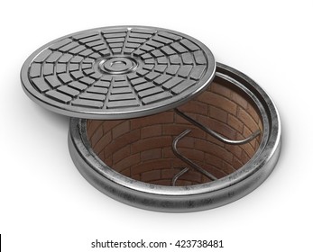 Manhole cover lid. 3D render illustration isolated on white background