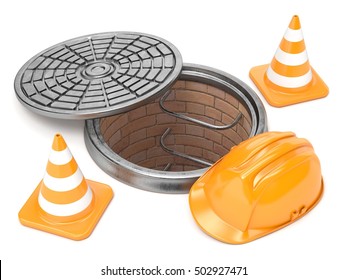 Manhole, Traffic Cones And Safety Helmet. 3D Render Illustration Isolated On White Background