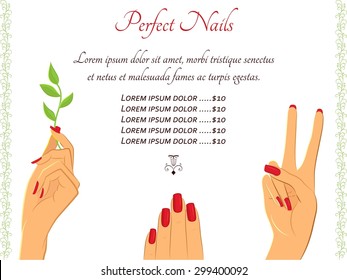 Manicure hands. Flyer template for beauty, manicure salon. Elegant female hands in different gestures. Can be used for beauty salon advertisement, brochures, website design, or price list template. - Powered by Shutterstock