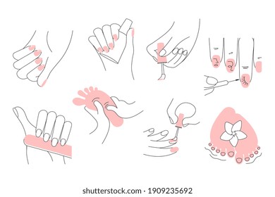 Manicure, pedicure and nail art designs set. Female manicured hands and feet. Concepts of spa treatment for nail bar or beauty salon. Flat Art Rastered Copy Illustration - Powered by Shutterstock