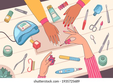 Manicure salon. Manicurist painting customers nails on table with nail tools and cosmetics. Female hands care beauty service  concept - Powered by Shutterstock