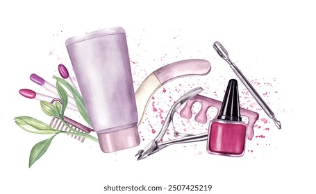 Manicure tools, flowers. Nail file, cream, nail buffer, toe separator. Metallic cuticle pusher, cuticle trimmer. Nail polish, color palette. Watercolor illustration. Beauty and cosmetics, manicure - Powered by Shutterstock