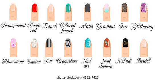 Manicure types  Nail design  nail art set  Illustration trendy manicure styles gradient  french  glittering polish   other popular models