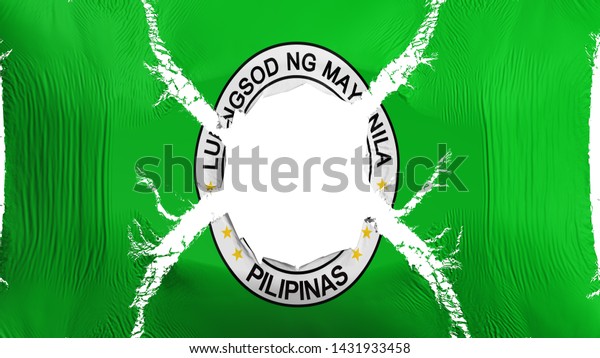 Manila, capital of Philippines flag with a\
hole, white background, 3d\
rendering