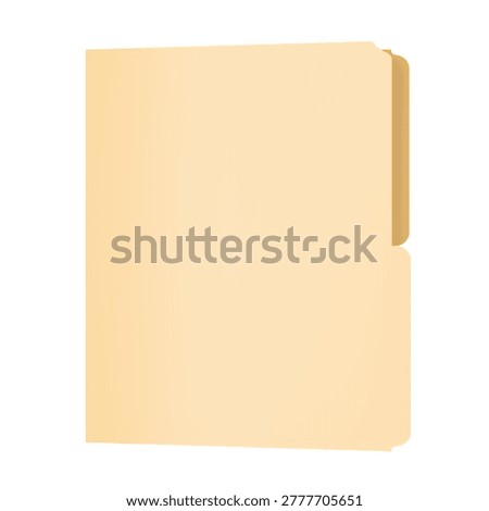 Manila file folder closed classic cream yellow tabbed document folder standing upright with side tab, isolated on white background, front view, representing office filing and record keeping concept.
