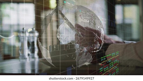 Manipulating charts man using stylus on tablet at workspace window, with coffee and globe overlay. Innovation, technology, finance, digital, modern, workspace, productivity