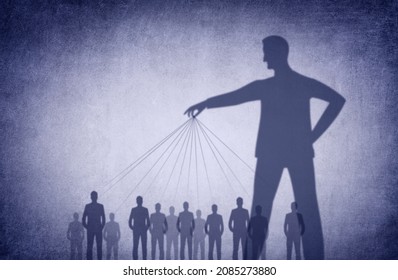 Manipulation Concept - Manipulative Person - Psychological Manipulation - Conceptual Illustration with Shadowy Figure Manipulating People as Puppets
