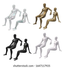 Mannequin For Clothes. Set Of Female And Male Body In A Sitting Pose. Mannequin Sits Sideways. Storefront Design For Shops. Set Of Mannequin White, Black, Transparent, Gold Color. 3d Illustration.