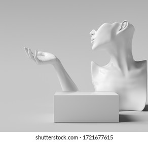 Mannequin Earring Jewelry Necklace Display Stand. Female Bust Hand Models And Podium. Jewelry Showcase White Background. 3d Rendering.