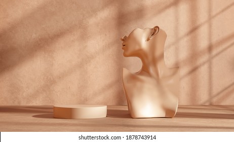 Mannequin earring Jewelry necklace display stand. Female Bust model and podium. Jewelry showcase beige background. 3d rendering.
