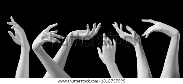Mannequin hands set,\
isolated female hand white sculptures elegant gestures isolated 3d\
rendering\
concept