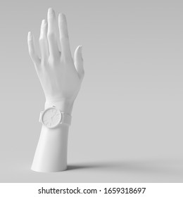 Mannequin White Hand Sculpture And Wristwatch Art Creative Background 3d Rendering. 