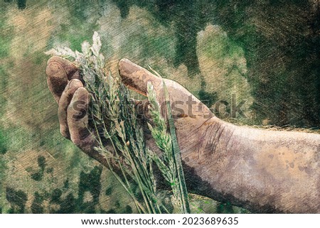 A man's hand holds the green ears. A farmer checks the maturity of rye ears in a field. Agronomist checks and examines rye sprouts. Digital watercolor painting. Modern Art