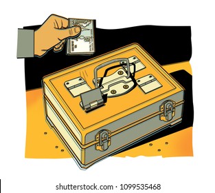 The Man's Hand Puts The Bills Of Russia's Rubles Into A Portable Metal Safe. Interval Share Fund.