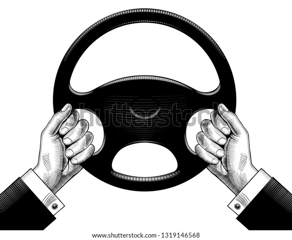 Man\'s hands driving with steering wheel. Vintage\
stylized drawing
