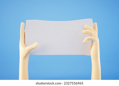 Man's hands holding empty board with copy paste isolated on blue background. 3d render.