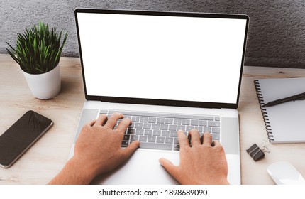 Man's Hands Using Laptop With Blank Screen On Desk In Home Interior. - 3d Illustration