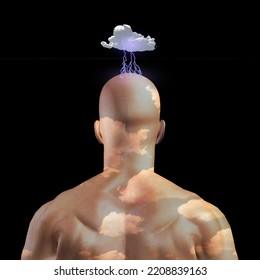 Mans head in clouds. 3D rendering