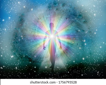 Man's Silhouette With Rays Of Light. Aura Or Soul. 3D Rendering