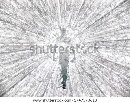 Man's silhouette with rays of light and pattern of words. 3D rendering