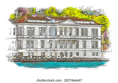 Mansion From Ottoman Era In Kanlıca On The Bosphorus Shore In Istanbul, Turkey, Watercolor Sketch 
Illustration.