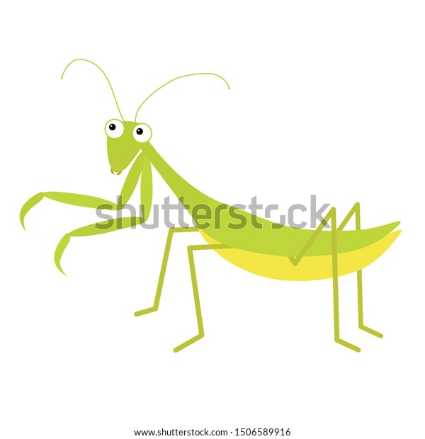 マンティスのアイコン かわいい漫画のカワイイ おかしなキャラクター 緑の昆虫 カマドリ 大きな目 にこやかな顔 フラットデザイン 白い背景に赤ちゃんクリップアート のイラスト素材 1506589916