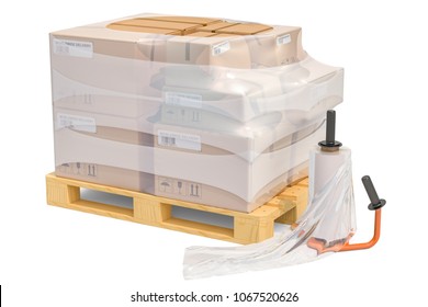 Manual film stretch wrapping machine and wooden pallet with parcels wrapped in the stretch film, 3D rendering