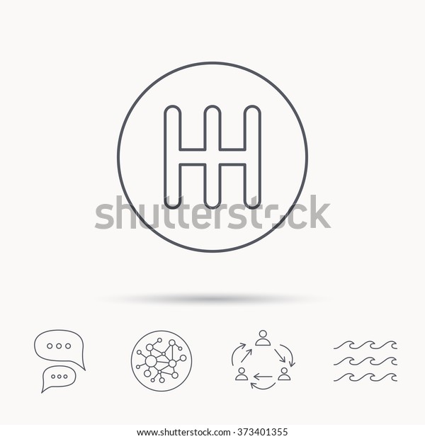 Manual\
gearbox icon. Car transmission sign. Global connect network, ocean\
wave and chat dialog icons. Teamwork\
symbol.