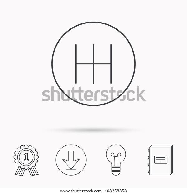 Manual gearbox icon. Car\
transmission sign. Download arrow, lamp, learn book and award medal\
icons.