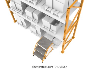 Manual Picking and Packing. Shelves top view, with three step stairs for manual picking.  Part of Warehouse series