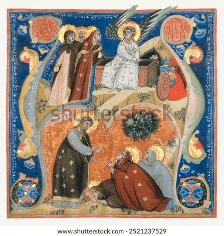 Manuscript Illumination with Scenes of Easter in an Initial A, from an Antiphonary (ca. 1320) byNerius. Vintage art tomb of jesus drawing illustration, old leaves painting art print.