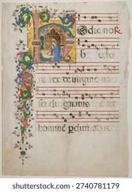 Manuscript Leaf with the Nativity in an Initial H, from an Antiphonary, Master of the Riccardiana Lactantius. Vintage manuscript art illustration, vintage artwork.