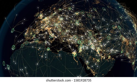 Many Arrows Fly Between Cities. Global Connections Over Europe And Noth Hemisphere. Global Communications - Destinations All Over The World. Flight Paths. City Lights. 3D Illustration.